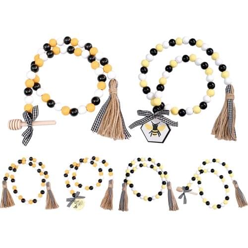 6PCS Bee Natural Wood Bead Garland With Tassels 35 Inch Handmade Garlands Macrame Home Decor Wall Hanging Ornament Boho Gift