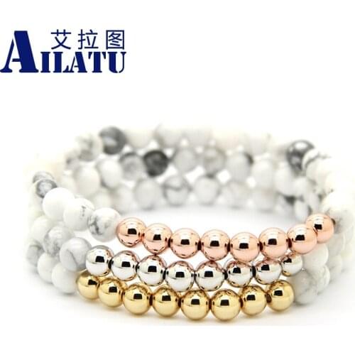 Ailatu Wholesale 10pcs/lot 6mm Natural White Howlite Stone Elastic Bead Men Girl Bracelet Jewelry