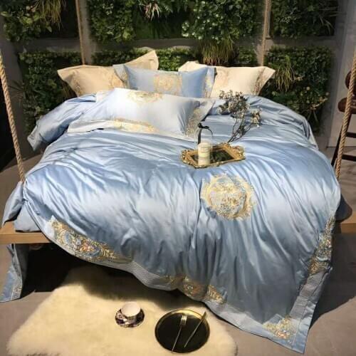 Blue120S Egyptian cotton Pink Golden Luxury Royal Bedding sets Queen King Wedding Duvet cover Bed sheet set Pillowcase 4/6pcs