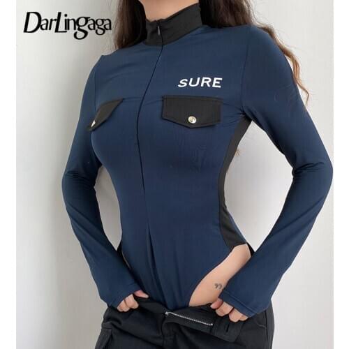 Darlingaga Casual Zipper Patchwork Bodycon Autumn Bodysuits Long Sleeve Letter Print Body Skinny Turtleneck Bodysuit Women Tops