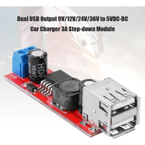 Dual USB Output 9V/12V/24V/36V to 5VDC-DC Car Charging 3A Step-down Regulator Output Voltage 5v / 3a (Max) Input Voltage 6v-40v