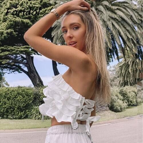 Foridol Ruffled Layered Lace Up Off Shoulder Crop Tops Women White Summer Beach Tube Sexy Tops Casual Linen Sleeveless Tops 2021