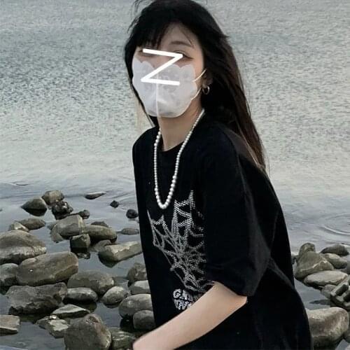 Gothic Punk Summer 2021 new Harajuku style black hot diamond short-sleeved t-shirt Crop Tops Streetwear oversized T-shirt