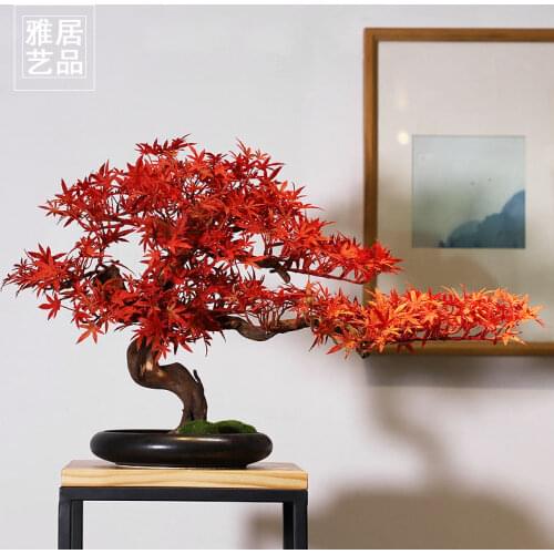 Simulation flower Red maple leaves New Chinese style bonsai Landscape plants Desktop decoration flower pots decorative