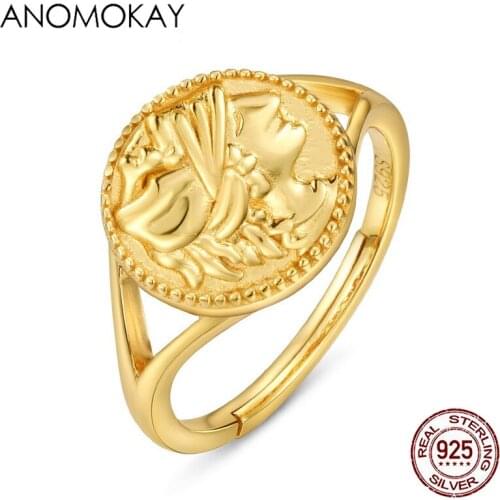 Anomokay Classic Roman Girl Shape Round Gold Color Resizable Rings 925 Sterling Silver Vintage Rings for Women Girl Mom Gift