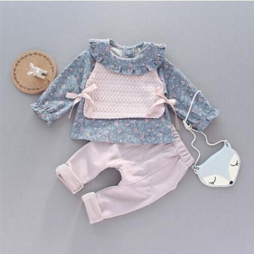 Spring new baby born girl clothes outfits sets design floral blouse vest pants 3-pcs suit for girls baby clothing birthday sets