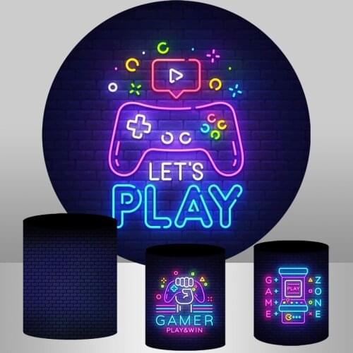 Playstation theme Round Backdrop Cover Neon Lights Children Birthday Party Photo Background Candy Table Cylinder Cover