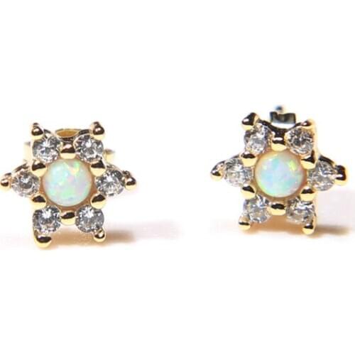 Cute small cz flower stud earring with clear cz white fire opal high quality minimal jewelry