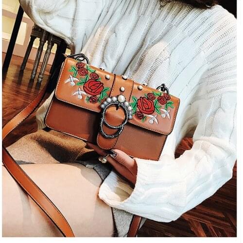Rose flower embroidery fashion luxury ladies handbags pearl decorative shoulder bag mini purse womens crossbody messenger bag