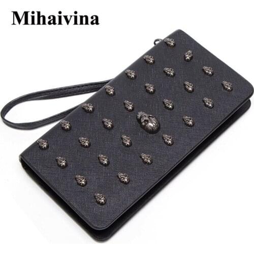 Mihaivina Fashion Skeleton Skull Wallet Women Long Leather Wallet Card Purse Clutch Bag Men Rivet Wallet Luxury Purse Brand Bags
