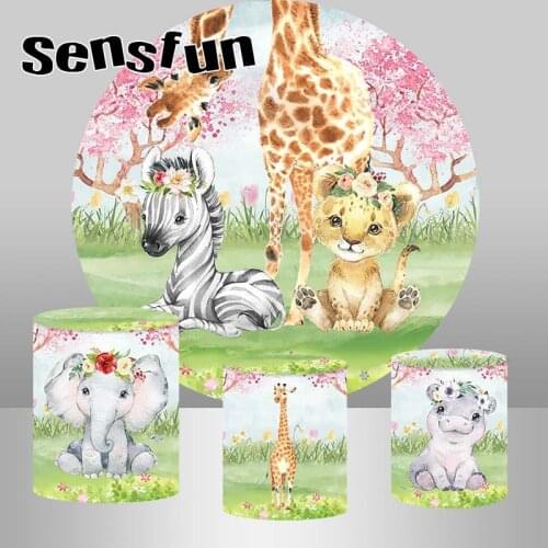 Cartoon Cute Wild Animals Lion Zebra Giraffe Elephant Round Backdrop Cover Kids Jungle Birthday Party Background Plinth Covers