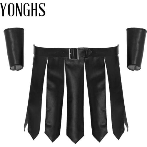 Mens Roman Gladiator Cosplay Costume Set PU Leather Panels Design Gladiator Kilt Underwear Skirts with Belt and Wristbands