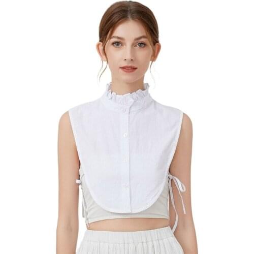 MXMB Women Girls White Simple Ruffles False Collar Detachable Dickey Blouse Office Lady Working Button Down Half Shirt