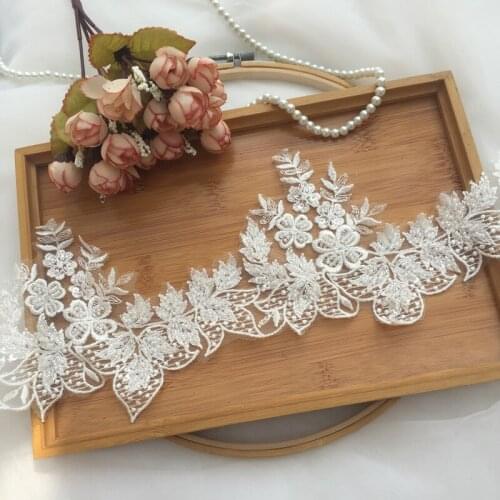 Off-white Rayon Beaded Embroidered Lace Trim Handmade DIY Material Wedding Veil Lace Trimming Accessories Width 14.5cm 5Yds/lot