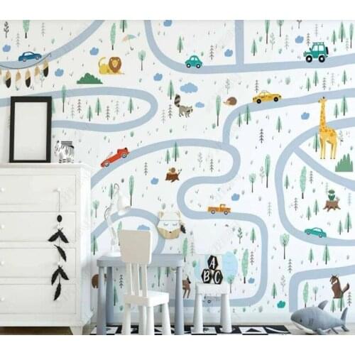 Papel de parede hand-painted cartoon road car cartoon animal park childrens room 3D wallpaper mural,living room home decor