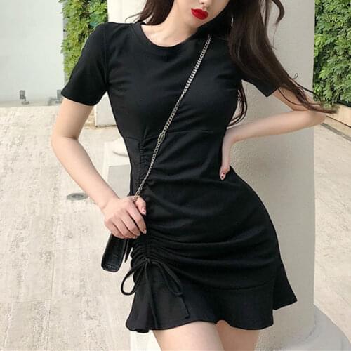 Womens Summer Grey Round Neck Ruffled Fishtail Short Sleeve Dress Black Harajuku Dress Slim Sexy Drawstring Wide Loose Dress
