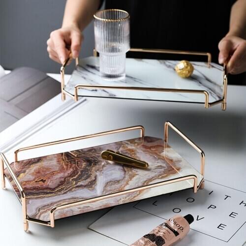 Nordic Marble Storage Tray Glass Dessert Plate Rectangle Grocery Tea Set Organize Disk Metal Frame Handle Removable Mirror Trays