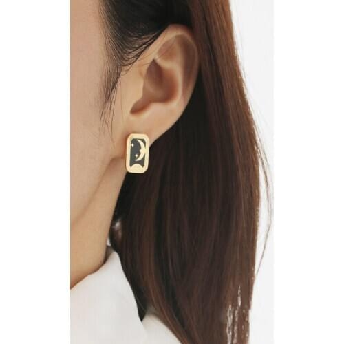 SRCOI Vintage Palace Style Moon Star Square Stud Earrings Simple Black Enamel Titanium Steel Earring Women Temperament Jewelry