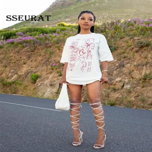 SSEURAT Ladies Summer Dress Sleeve Round Collar Print Loose T-shirt Dress Casual Sexy Sport Mini Dress