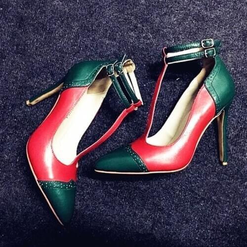 2020 New Arrivals T Bar Pumps Trendy Patchwork Pointed Toe Leather Shoes Women Sexy Matte Leather Buckle Stiletto Heels Pumps