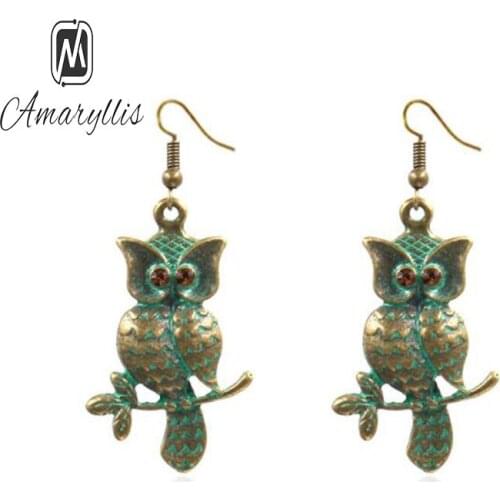 Amaiyllis Vintage Brass Owl Dangle Earrings Lovely Bird Pendant Drop Earrings Antique Animal Earrings Gift Earrings For Women