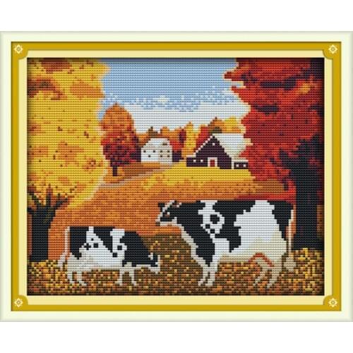 Needlework,11/14ct DMC color Cross stitch,Set For Embroidery kit,Farm House Autumn Cow Landscape Pattern Cross-Stitch Wall Decor