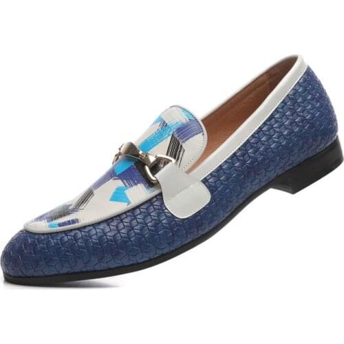 XQWFH 2021 Blue Woven Leather Men Smoking Slippers Fashion Metal Buckle Mens Handmade Loafers For Wedding And Party Plus Size