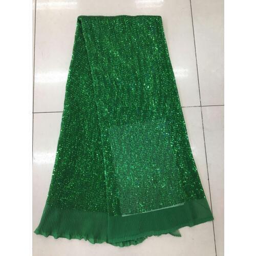 Xx003 pleated crushed green sequin embroidery net tulle mesh lace for evening dress/sawing/wedding