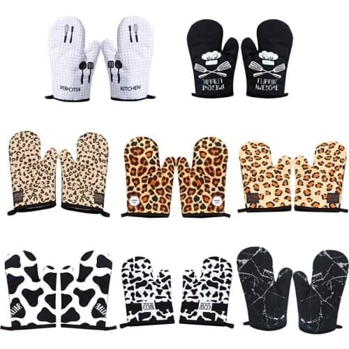 Heat Resistant Oven Mitts Leopard Pattern Mat Cooking Microwave Gloves Baking Grill Pan Oven High Temperature Resistance