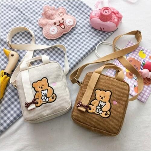 Ladies Fashion New Messenger Bags Women Corduroy Cartoon Bear Canvas Handbags Cute Portable Crossbody Bags Purses Shoulder Bag