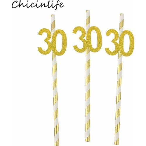 Chicinlife 10pcs Paper Straw With number 30 40 50 60 Anniversary Drink Straws 30th 40th 50th 60th Birthday Party Decoration