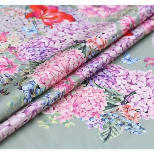 108CM Wide 19MM 93% Silk & 7% Spandex Floral Print Green Stretch Silk Satin Fabric for Dress Cheongsam Shirt Jacket B180