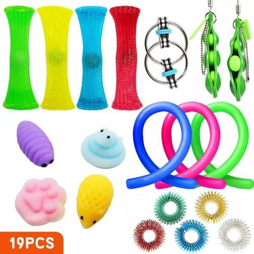 19PCS Stress Anxiety Relieve Toy Set Marble Mesh Sensory Ring Stretchy String Chain Soybeans Squeeze Toy for Kids Adults