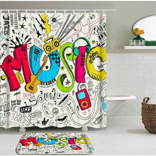 2Pcs/set Curtain for Bathroom Music Rock Guitar Printing Waterproof Decorative With Hook Shower Curtain Set Toilet Non-slip Mat