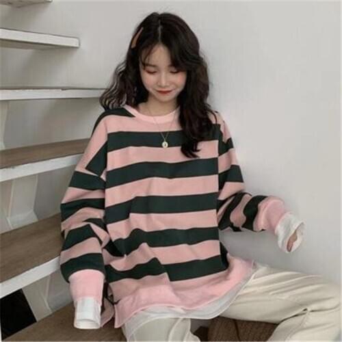 2020 New Arrivals Korean Stitching Color Sweatshirt O-neck Striped Long-sleeved Loose Fake 2 Pieces Pullovers Tees for Autumn