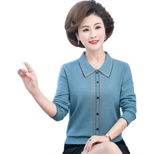2021 Middle-aged Womens Cashmere Sweaters Pullovers Plus Size 4XL Loose Bottoming Lapel Sweater Coat Mother Knitted Tops W2366