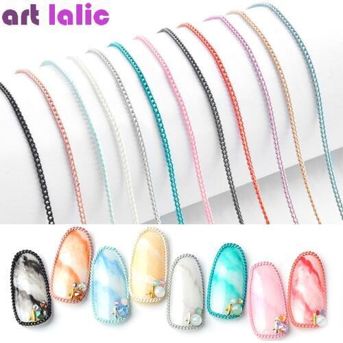 12 Colors New Delicate Nail Art Metal Chain 50cm Rock Punk Ultra Fine Zipper Nail 3D Ornaments Chain Manicure Decorations