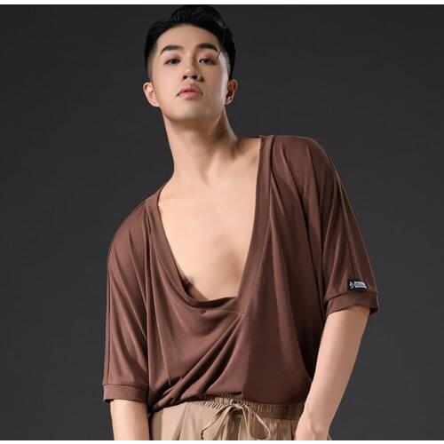 New Deep V Collar Male Latin Dance T-Shirt Brown Black Men Latin Dancing Tops for Samba Tango Chacha Practice Costume MA5030