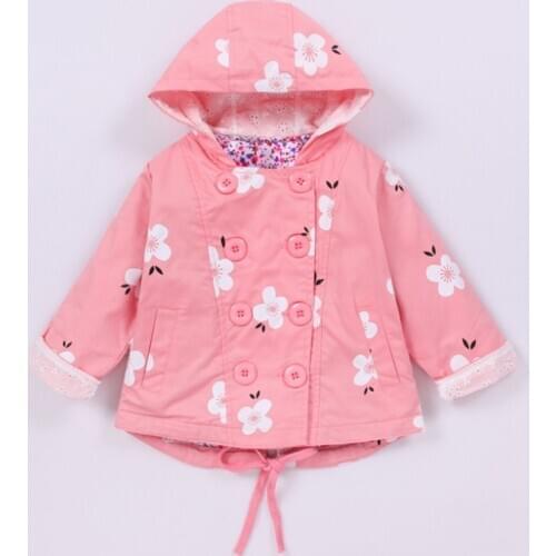 Cotton Baby Girls Trench Coat Fashion Kids Clothes Double Breasted Hooded Jackets Pretty Flower Pattern Outerwear