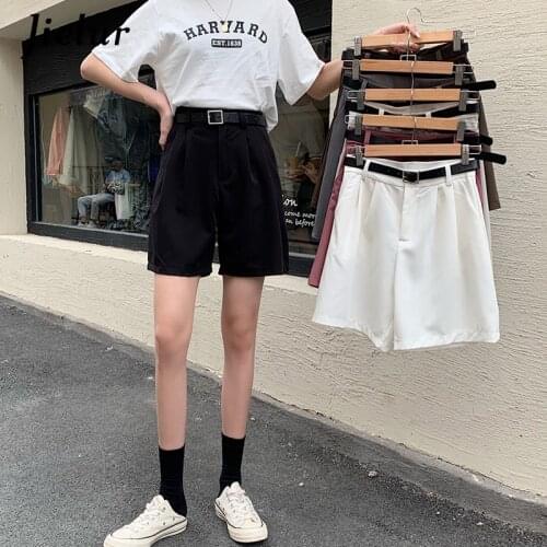 Jielur 2021 New Suit Womens Shorts Summer Korean Style Loose High Waist Five-point Sashes Straight Basic Casual Shorts Female