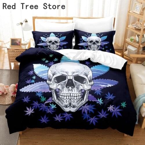 Skeleton Skull Bedding Set 2/3PCS Tropical Leaves Rose Queen/King Size Duvet Cover Bedclothes Pillowcase Comforter Home Textile