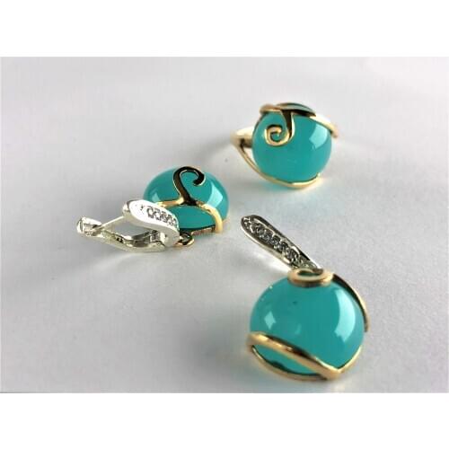 Water green stone gold color framed patterned 12.1 grams Stylish elegant Jewelry Set Starling silver 925