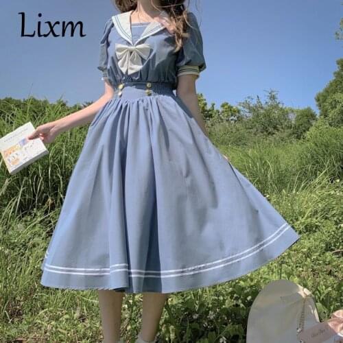 Japanese Lolita Sweet Dress Harajuku Sailor Collar Navy Dresses Vintage Bow Kawaii Girls Preppy Style Loose Navy Dress