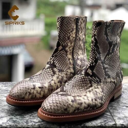 Sipriks Mens Zip Boots Genuine Leather Printed Snakeskin Python High Top Shoes Italian Handmade Goodyear Welted Boots Gentleman