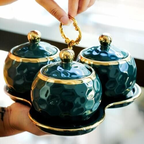 Set of 3 Ceramic Spice Jar Salt Pepper Storage Box Container with Tray Spoon Rack Kitchen Accessories Tools Gadget Organizer