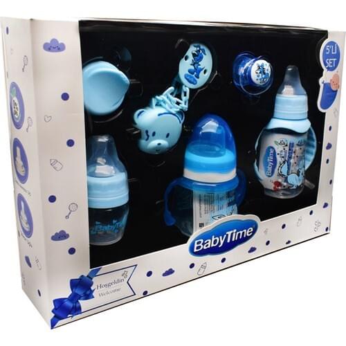 Baby Time 5 piece Blue Baby Bottle and Pacifier Set