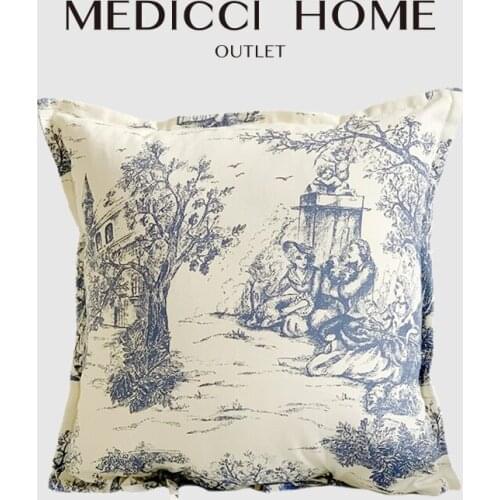 Medicci Home Toile De Jouy Cushion Cover French Retro Style Rural Farmhouse Decorative Canvas Blue Throw Pillow Case 47x47cm
