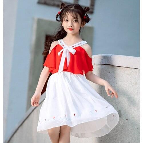 Girls off Shoulder v-neck embroidery chiffon dress summer clothes 2019 kids children dresses red white patchwork short sleeve