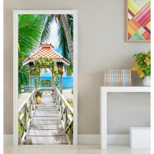 Modern 3D Stereoscopic Wooden Bridge Sea View Coconut Trees Beach Background Wall Mural Door Sticker PVC Waterproof Wallpaper 3D