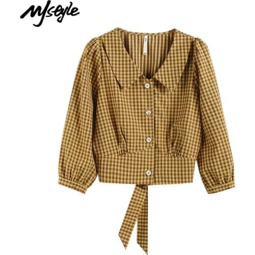 MJstyle Summer Women Blouse French Style Lace Up Plaid High waist Design T Shirt, Tops Tees for Teenages Girls 521120047